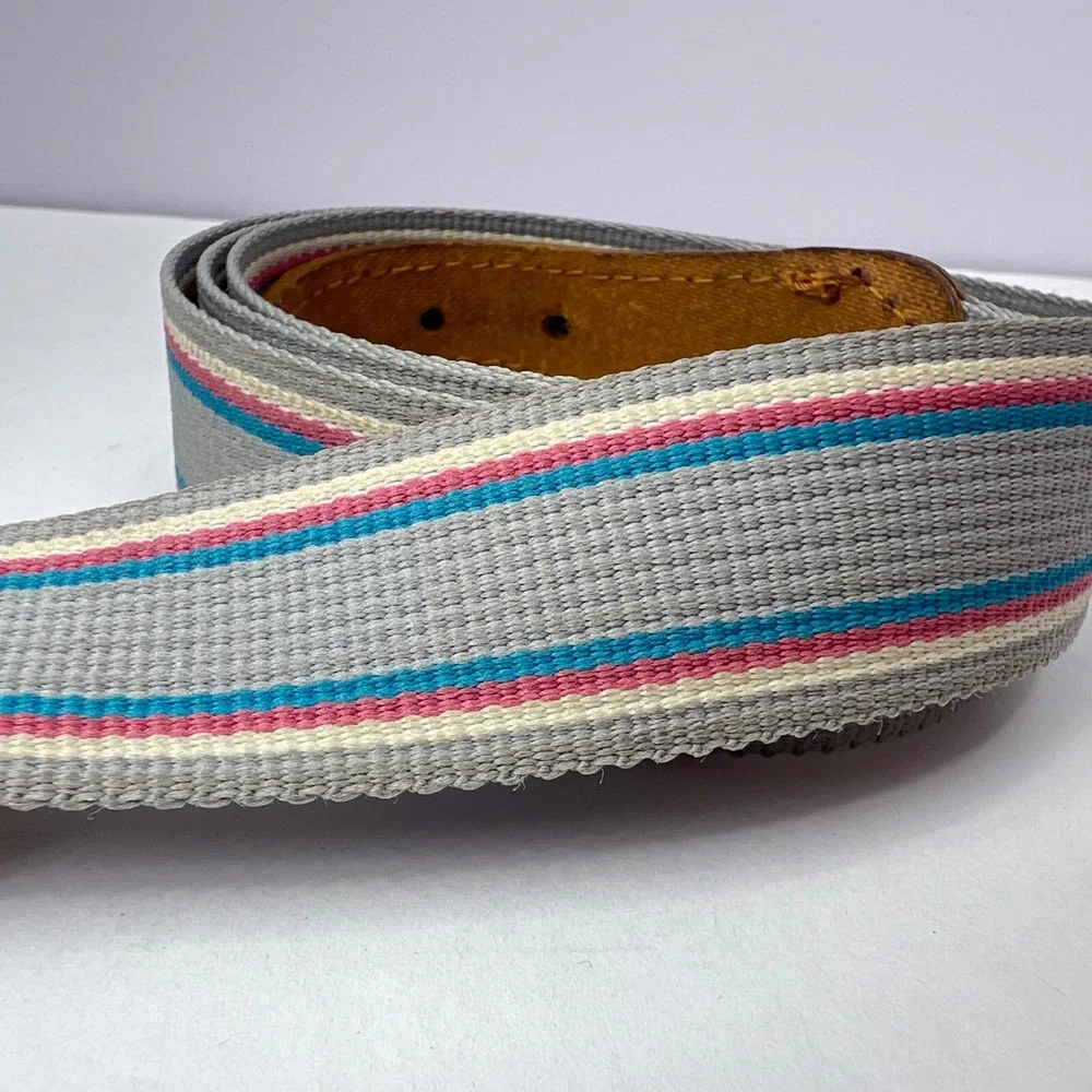 Vintage Gray Striped Webbing‎ Belt Unisex 38/39 Leather Trim Brass Buckle Preppy